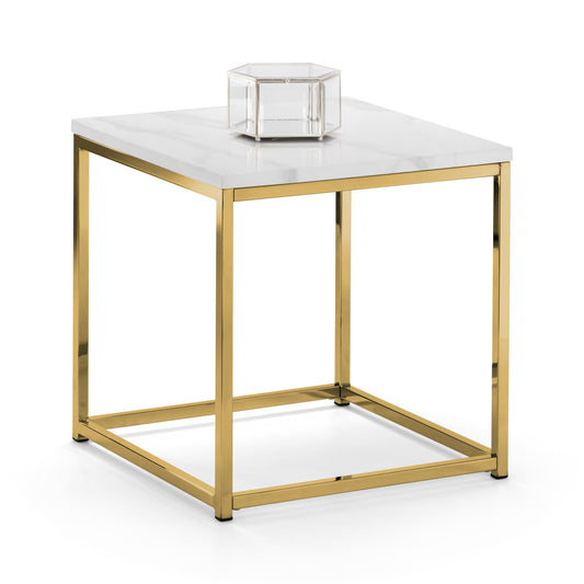Small table with marble top and gold metal frame on a white background