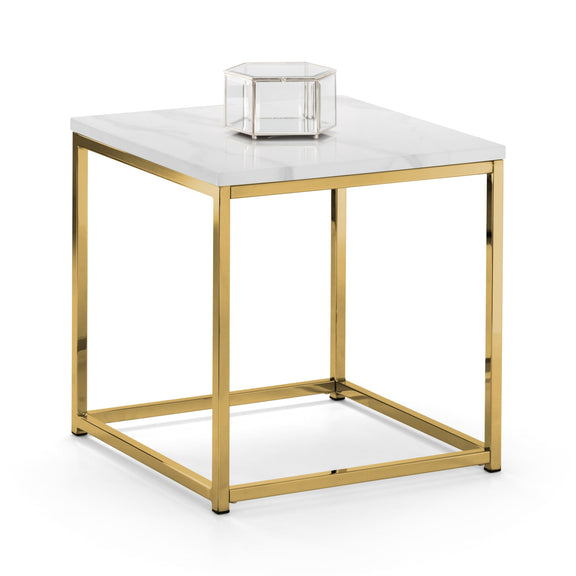 Small table with marble top and gold metal frame on a white background