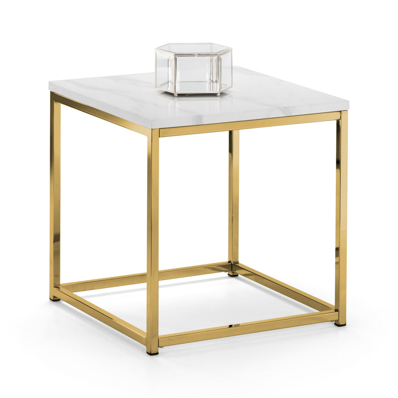Small table with marble top and gold metal frame on a white background