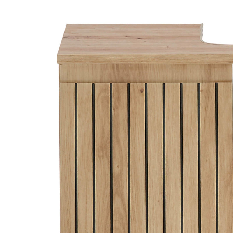 Wooden cabinet with vertical slats on a white background