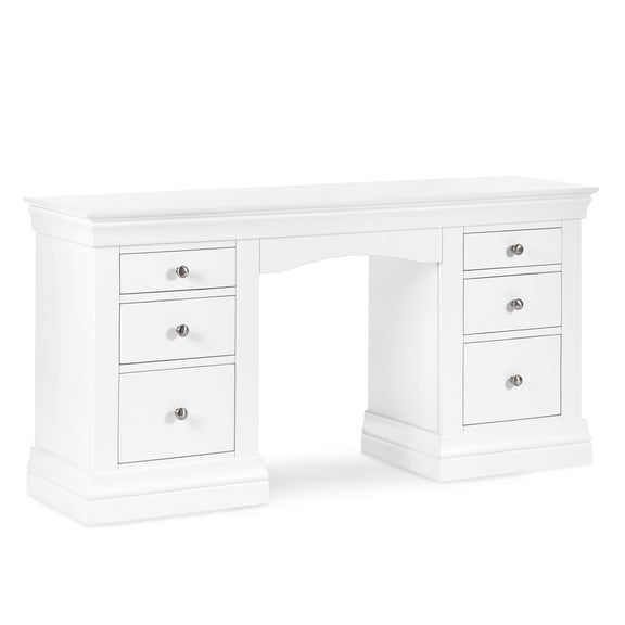 White desk with multiple drawers on a white background