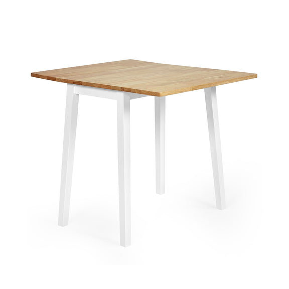 Square table with wooden top and white legs on a white background
