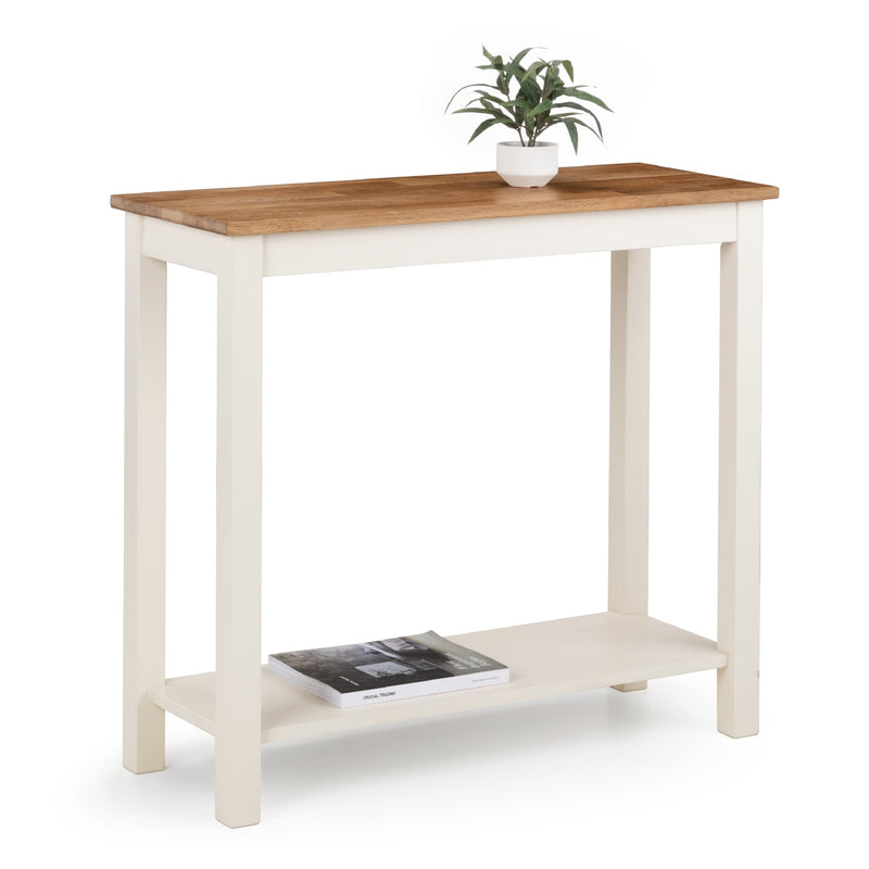 White console table with a wooden top on a white background