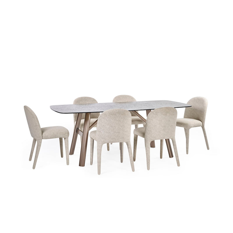 Dining table with six chairs on a white background