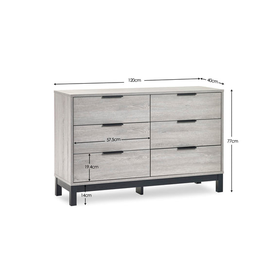 Gray dresser with dimensions labeled on a white background