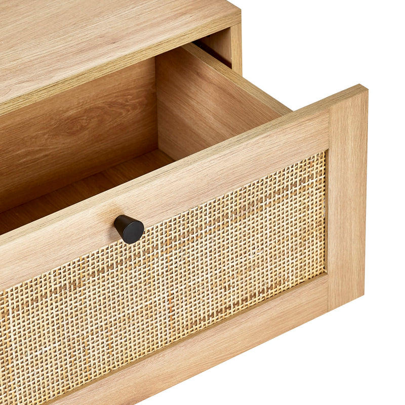 Wooden drawer with woven design and black handle on a white background