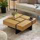 Wooden coffee table with decorative items in a living room setting