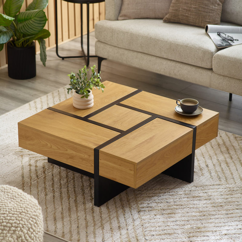 Wooden coffee table with decorative items in a living room setting