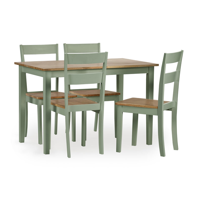 Dining table set with four matching chairs on a white background