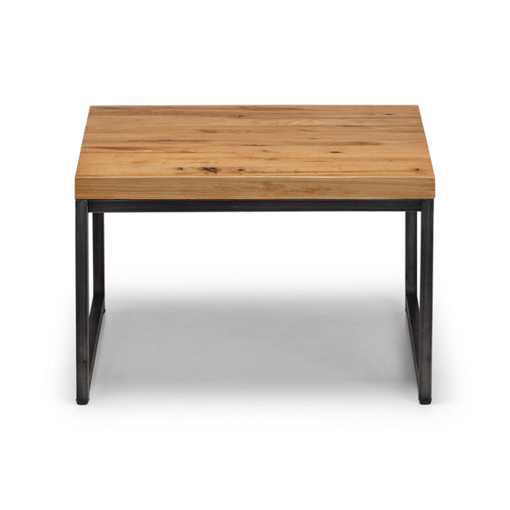 Wooden table with black metal legs on a white background