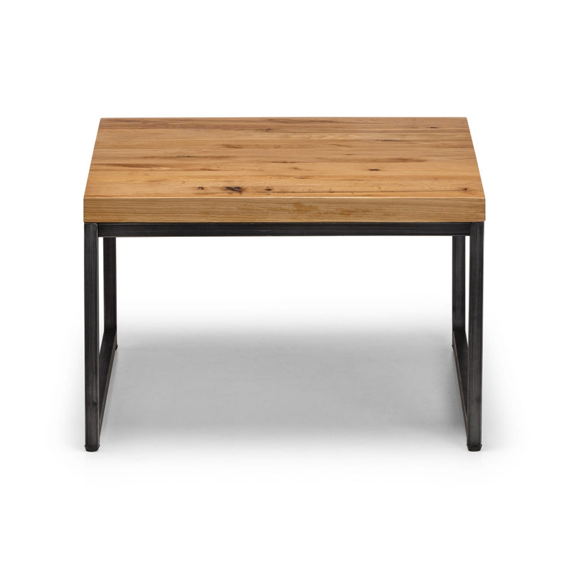Wooden table with black metal legs on a white background