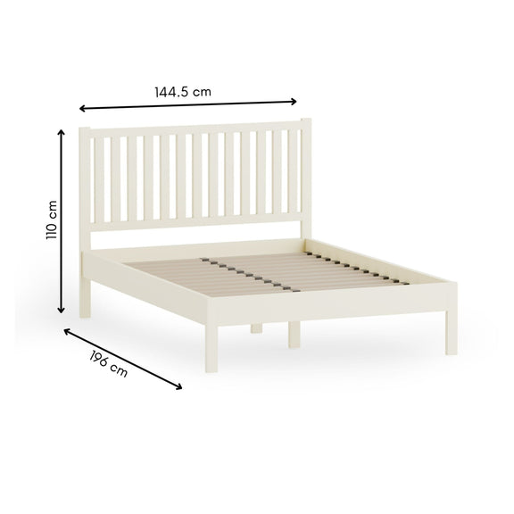 White wooden bed with dimensions labeled on a white background