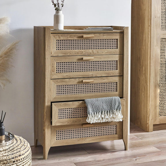 Oak effect wooden 5 drawer chest with woven rattan drawer fronts