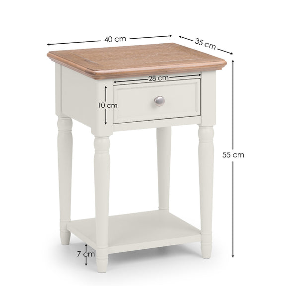 Small wooden side table with dimensions labeled on a white background