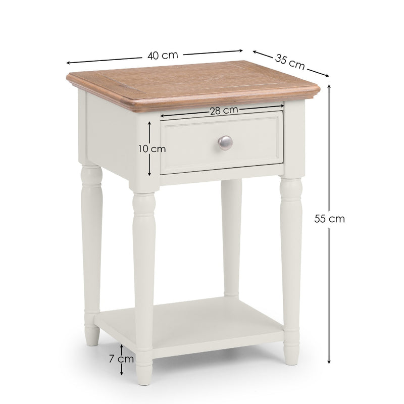 Small wooden side table with dimensions labeled on a white background