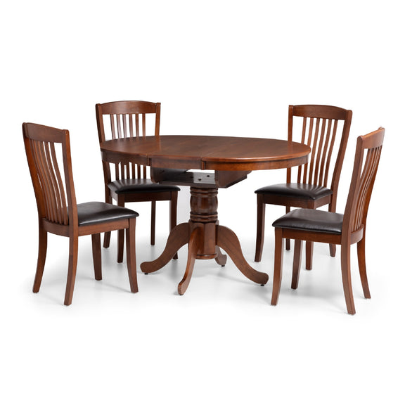 Wooden dining table with four matching chairs on a white background