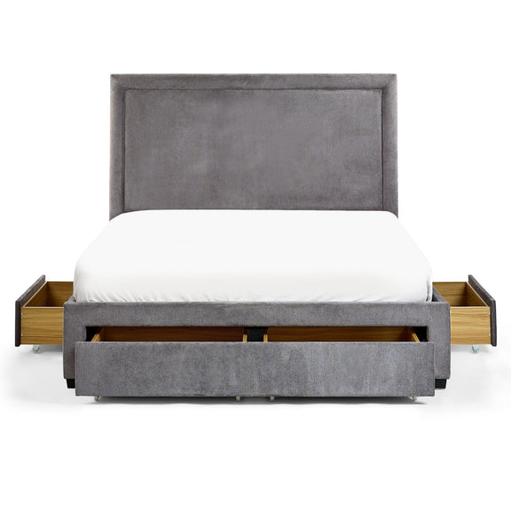 Gray upholstered bed with wooden drawers on a white background