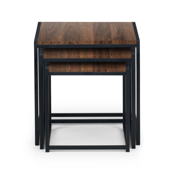 Set of three wooden nesting tables with black metal frames on a white background