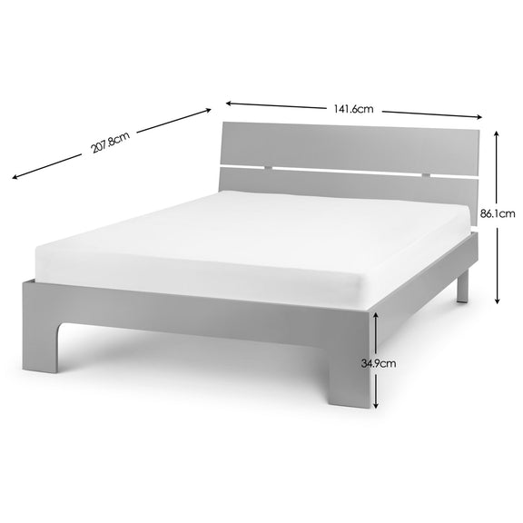 Gray metal bed frame with dimensions labeled on a white background