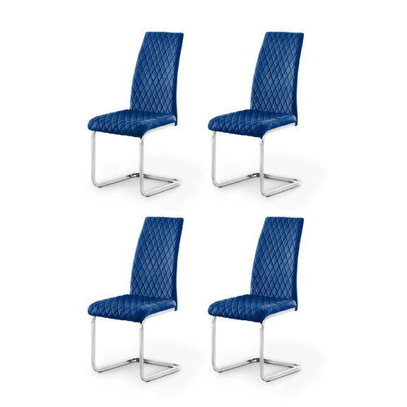 Four blue chairs with quilted design and metal legs on a white background