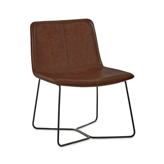 Brown leather chair with black metal frame on a white background