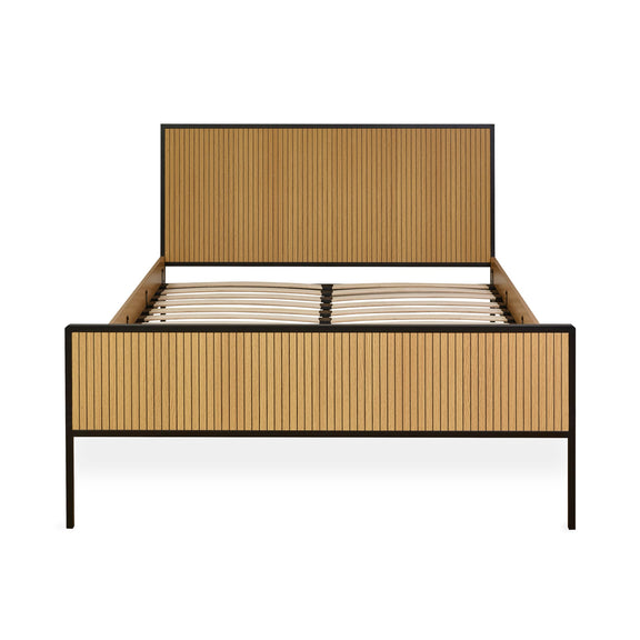 Bed with wooden slat design on a white background