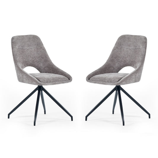 Two gray upholstered chairs with black metal legs on a white background
