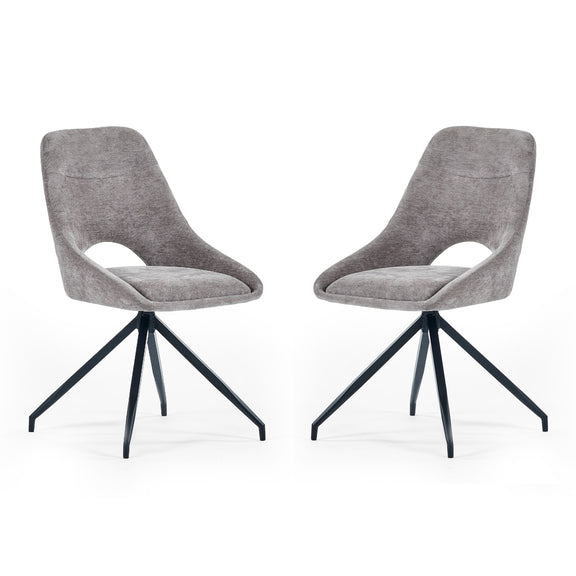 Two gray upholstered chairs with black metal legs on a white background