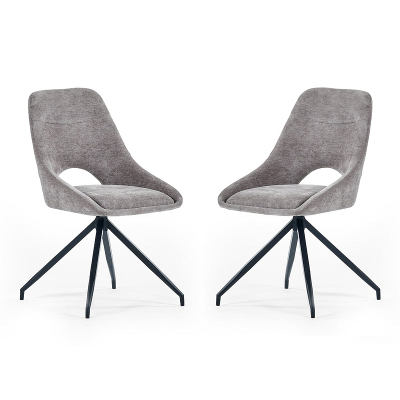 Two gray upholstered chairs with black metal legs on a white background