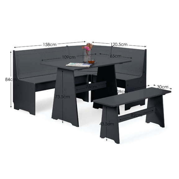 Gray dining set with dimensions labeled on a white background