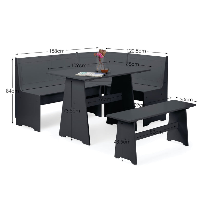 Gray dining set with dimensions labeled on a white background