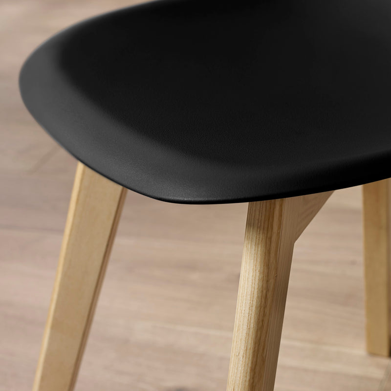 Black chair seat with wooden legs on a wooden floor