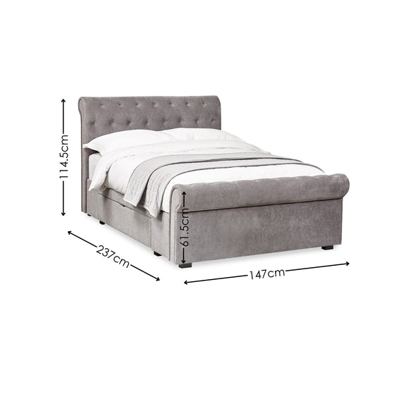 Gray upholstered bed with dimensions marked on a white background
