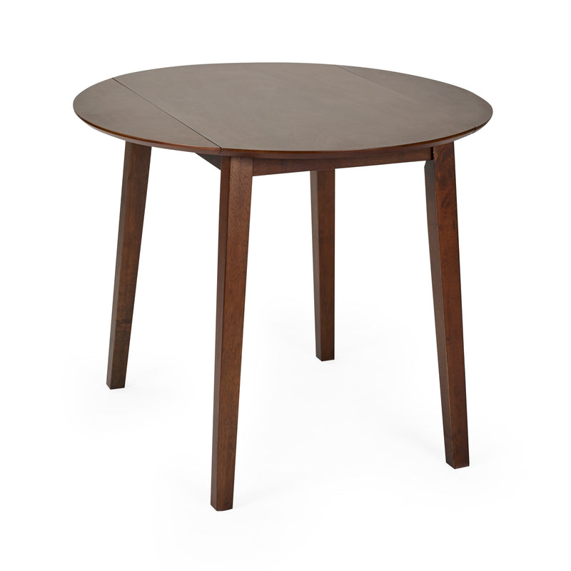 Round wooden table with a brown top and legs on a white background