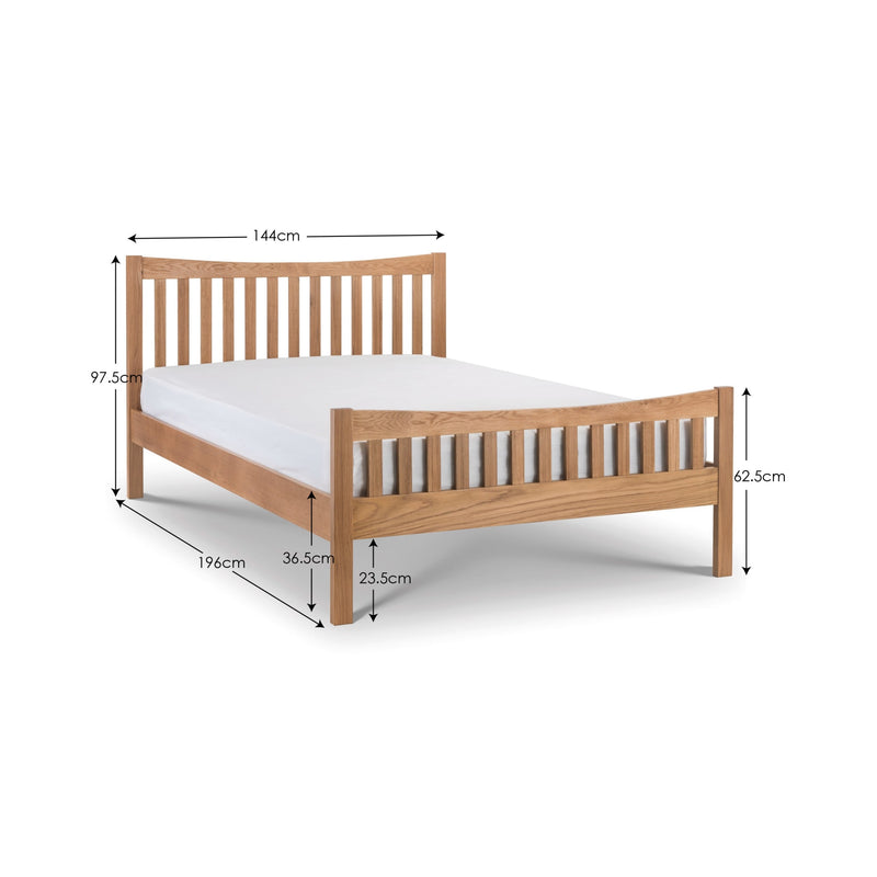 Wooden bed frame with dimensions labeled on a white background