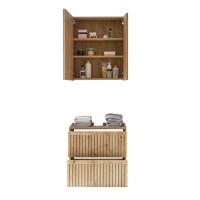 Wooden bathroom cabinet with open doors displaying toiletries and towels on a white background