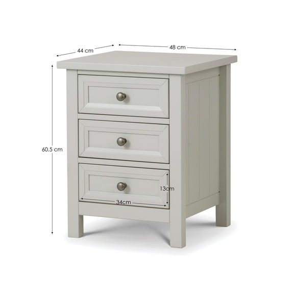 Gray nightstand with dimensions labeled on a white background