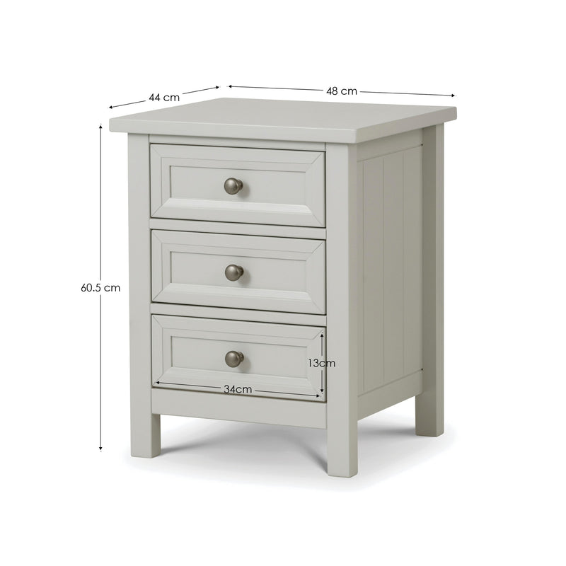 Gray nightstand with dimensions labeled on a white background