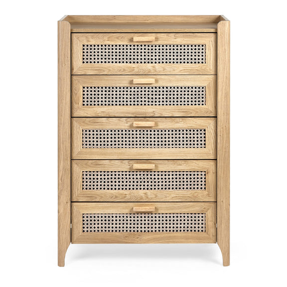 Oak effect five drawer chest with woven rattan drawer fronts
