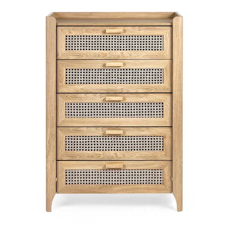 Oak effect five drawer chest with woven rattan drawer fronts