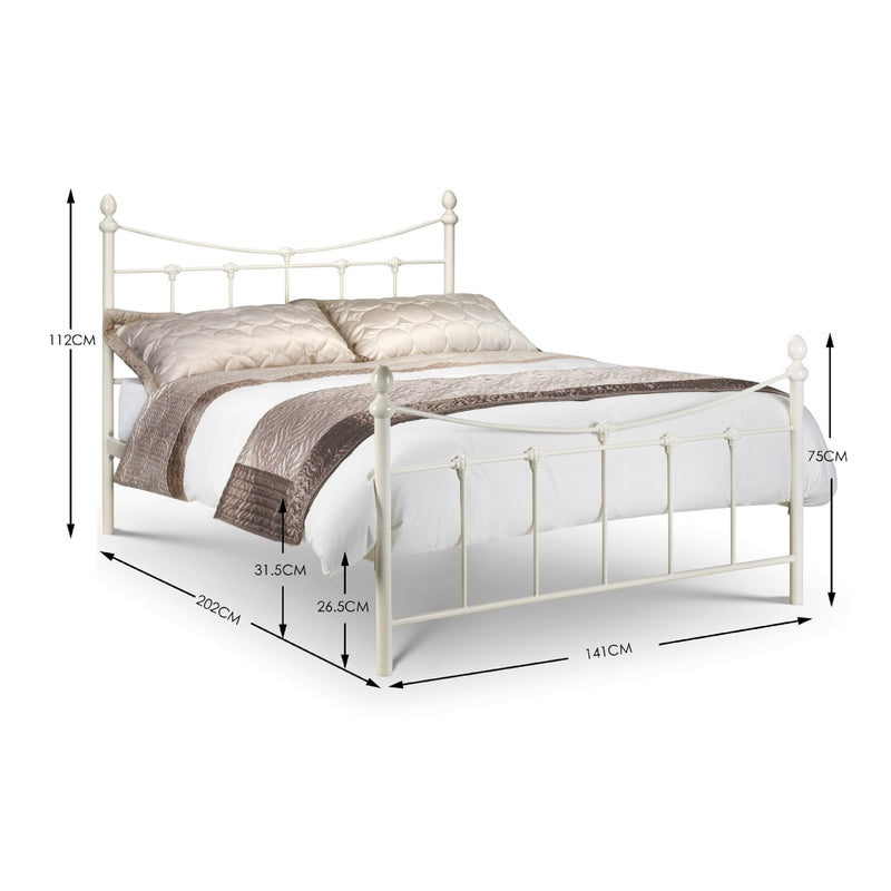 White metal bed frame with bedding and dimensions labeled on a white background