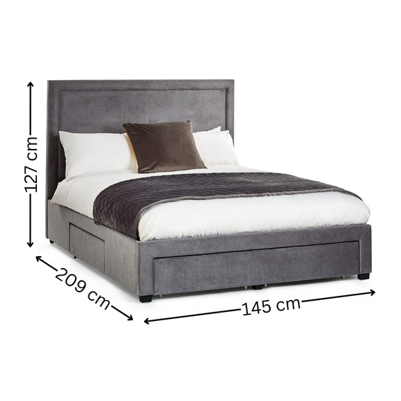 Gray upholstered bed with dimensions labeled on a white background