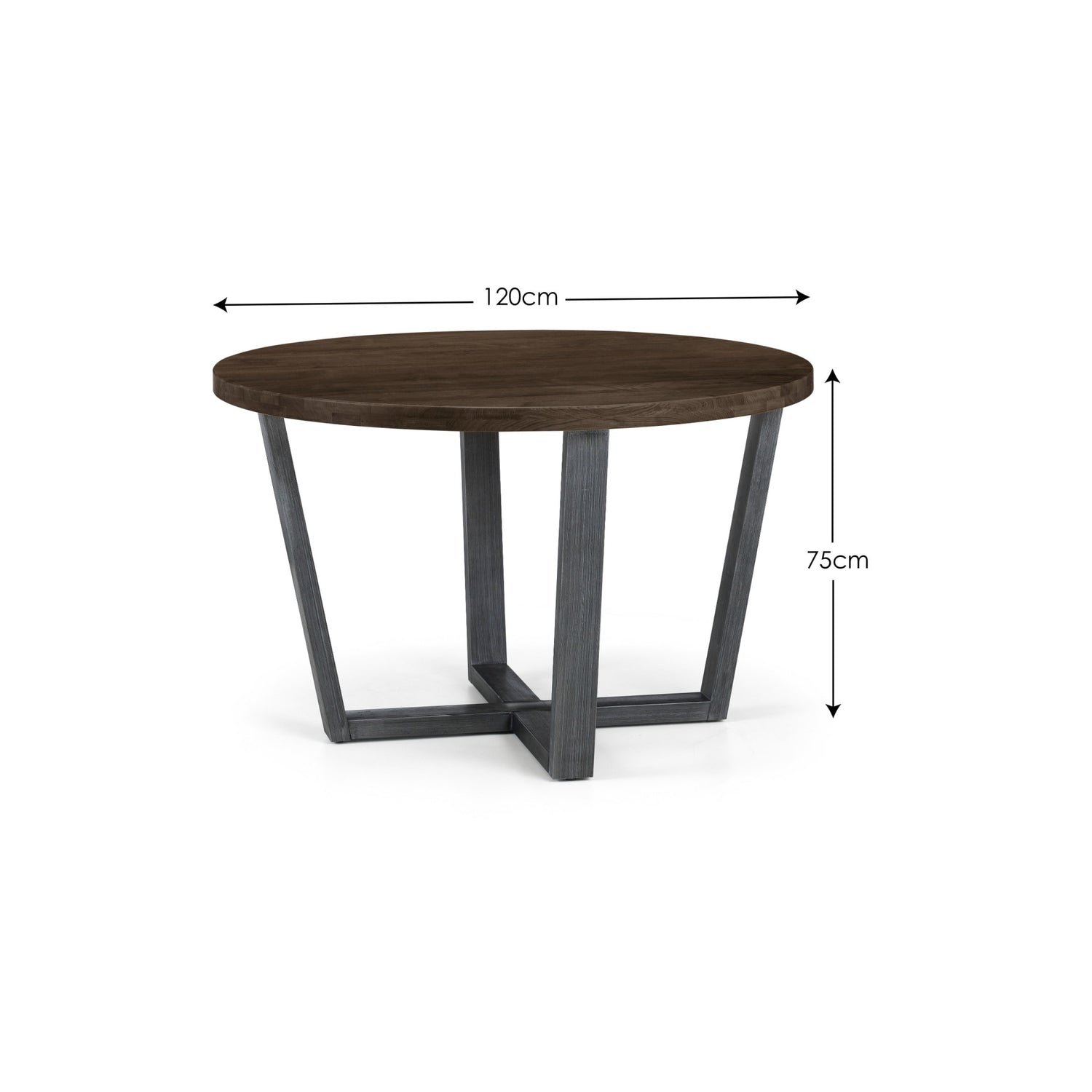 Round wooden table with dimensions labeled on a white background