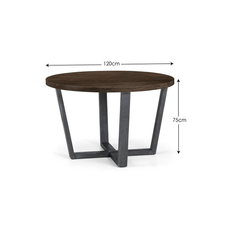 Round wooden table with dimensions labeled on a white background