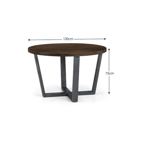 Round wooden table with dimensions labeled on a white background