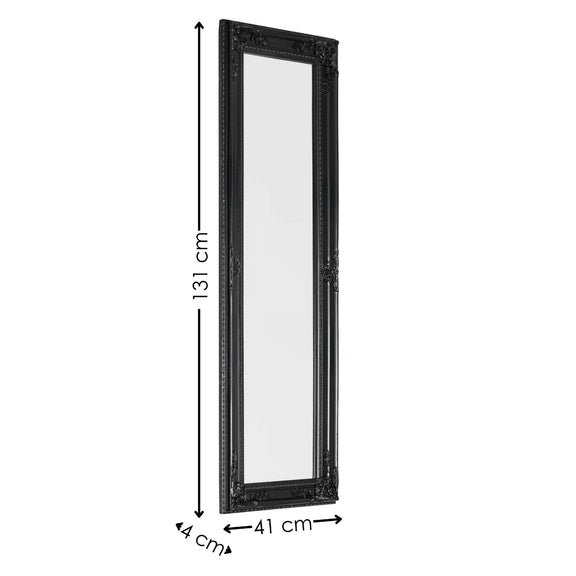 Black framed mirror with dimensions on a white background