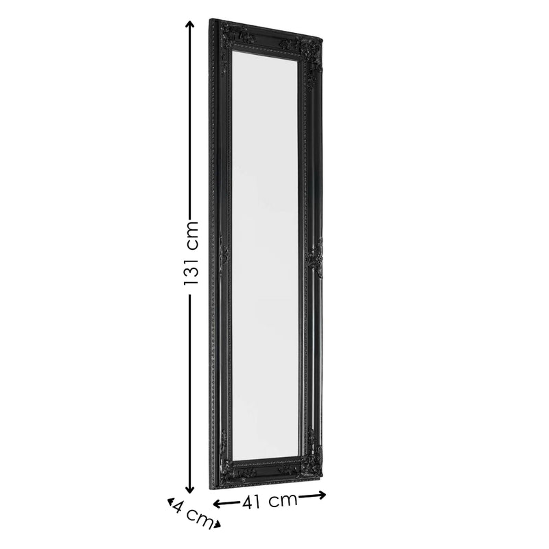 Black framed mirror with dimensions on a white background
