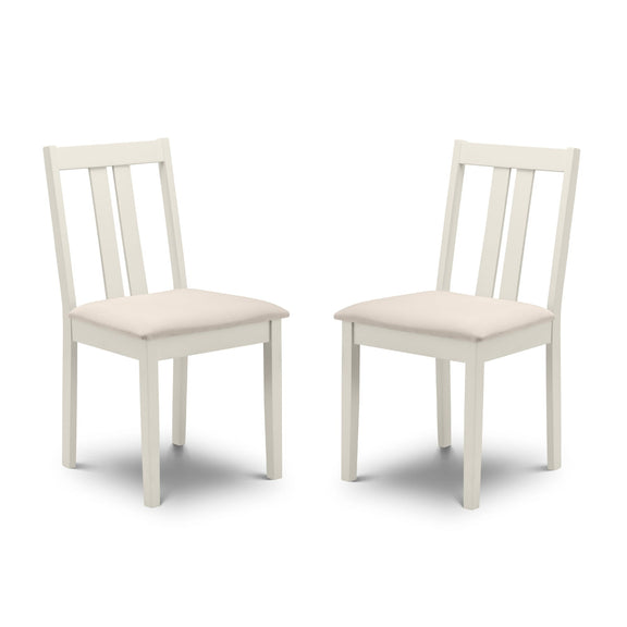 Two white chairs with beige seats on a white background