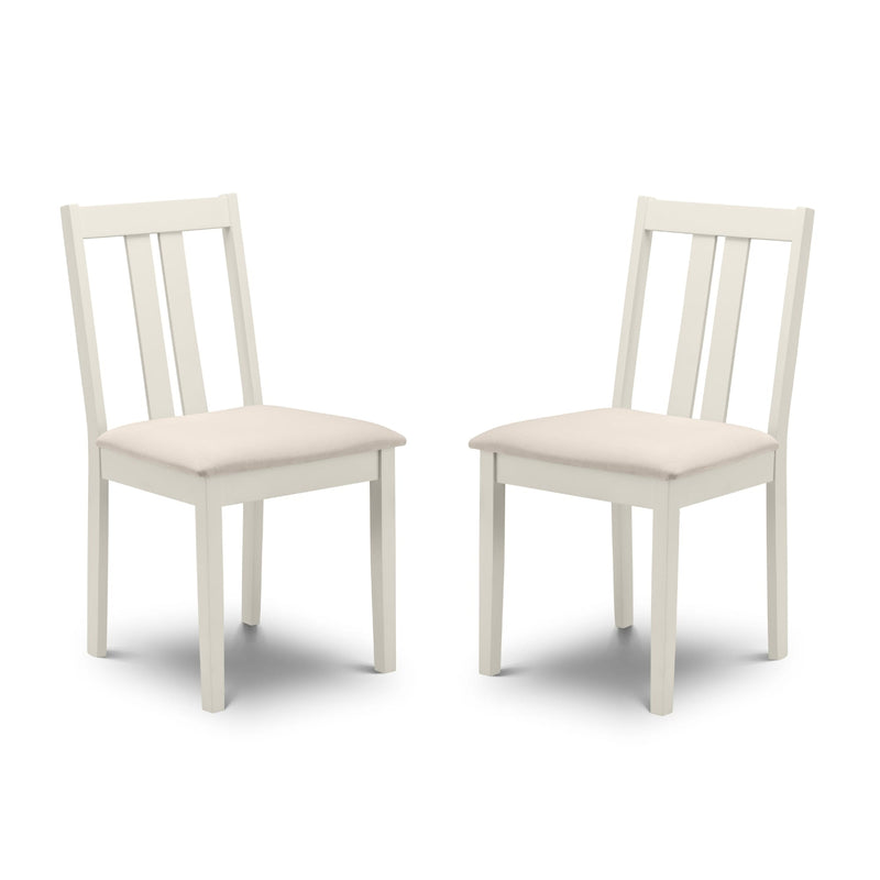 Two white chairs with beige seats on a white background