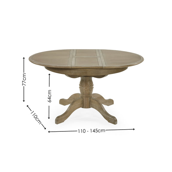 Round wooden table with dimensions indicated on a white background